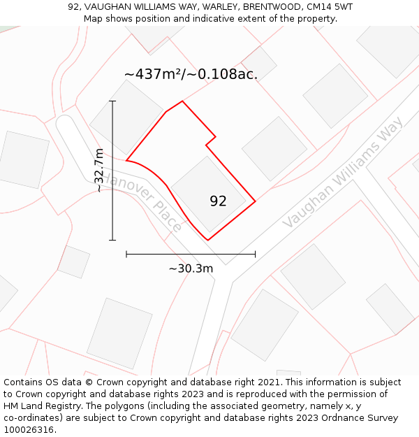 92, VAUGHAN WILLIAMS WAY, WARLEY, BRENTWOOD, CM14 5WT: Plot and title map