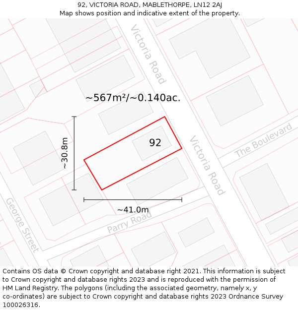 92, VICTORIA ROAD, MABLETHORPE, LN12 2AJ: Plot and title map