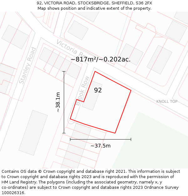 92, VICTORIA ROAD, STOCKSBRIDGE, SHEFFIELD, S36 2FX: Plot and title map