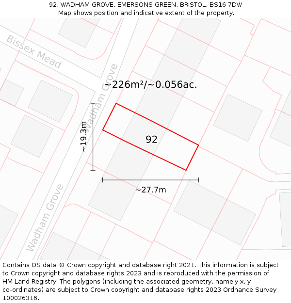 92, WADHAM GROVE, EMERSONS GREEN, BRISTOL, BS16 7DW: Plot and title map