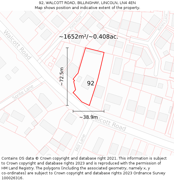 92, WALCOTT ROAD, BILLINGHAY, LINCOLN, LN4 4EN: Plot and title map