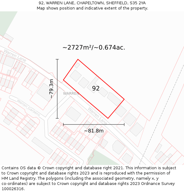 92, WARREN LANE, CHAPELTOWN, SHEFFIELD, S35 2YA: Plot and title map