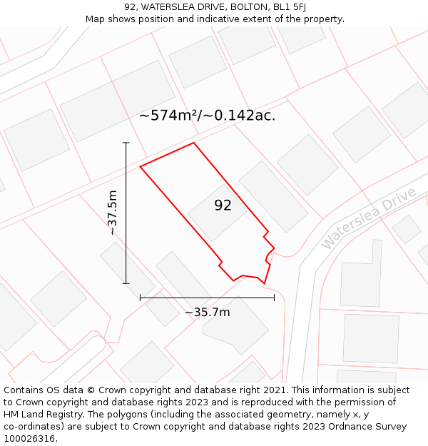 92, WATERSLEA DRIVE, BOLTON, BL1 5FJ: Plot and title map
