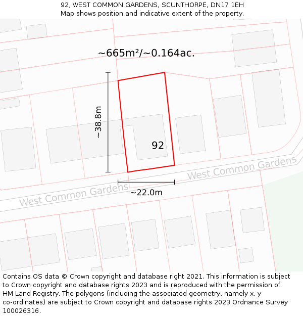 92, WEST COMMON GARDENS, SCUNTHORPE, DN17 1EH: Plot and title map