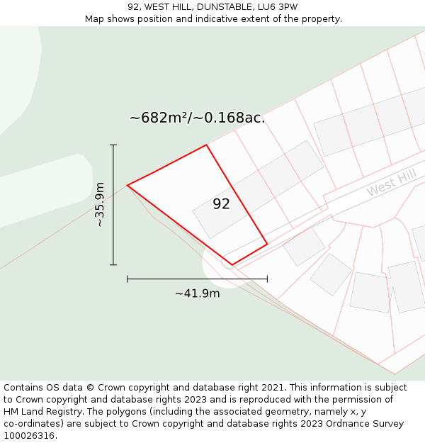 92, WEST HILL, DUNSTABLE, LU6 3PW: Plot and title map