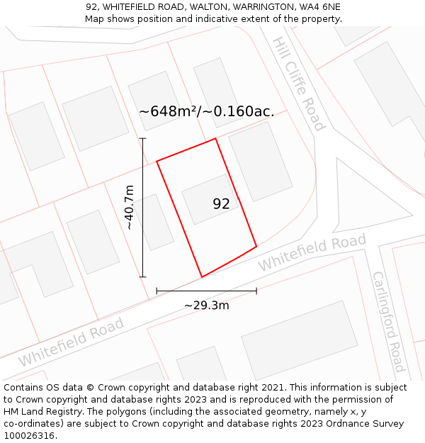 92, WHITEFIELD ROAD, WALTON, WARRINGTON, WA4 6NE: Plot and title map
