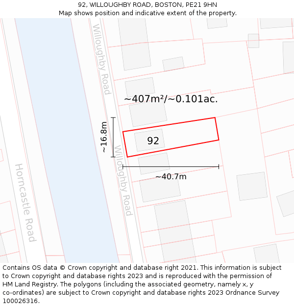 92, WILLOUGHBY ROAD, BOSTON, PE21 9HN: Plot and title map