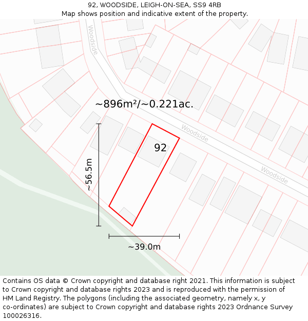 92, WOODSIDE, LEIGH-ON-SEA, SS9 4RB: Plot and title map