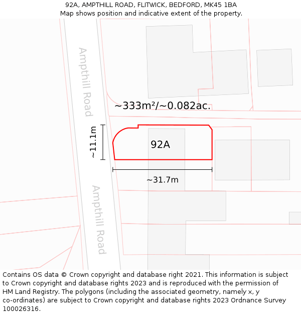 92A, AMPTHILL ROAD, FLITWICK, BEDFORD, MK45 1BA: Plot and title map