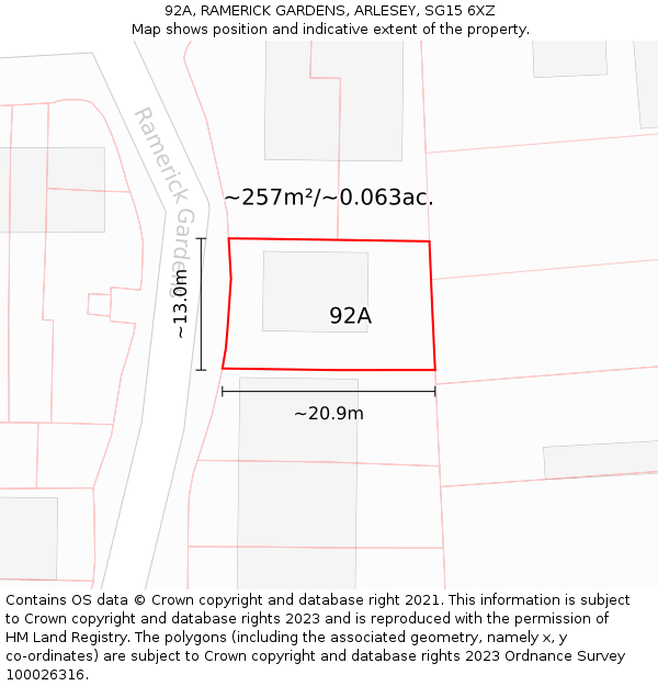 92A, RAMERICK GARDENS, ARLESEY, SG15 6XZ: Plot and title map