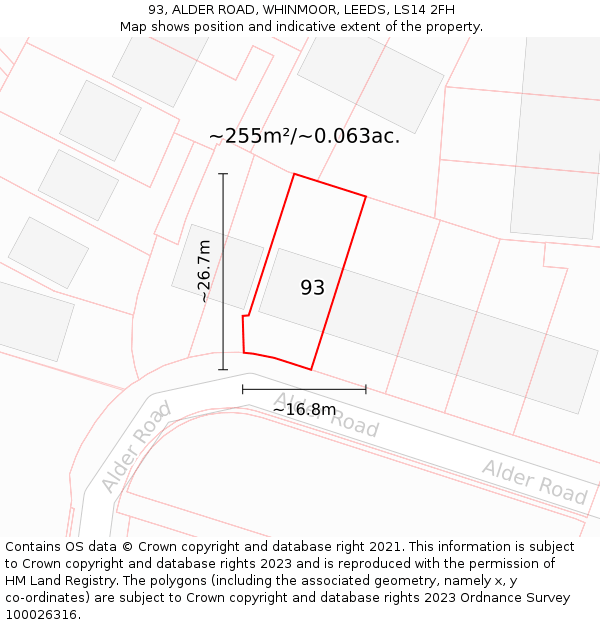 93, ALDER ROAD, WHINMOOR, LEEDS, LS14 2FH: Plot and title map