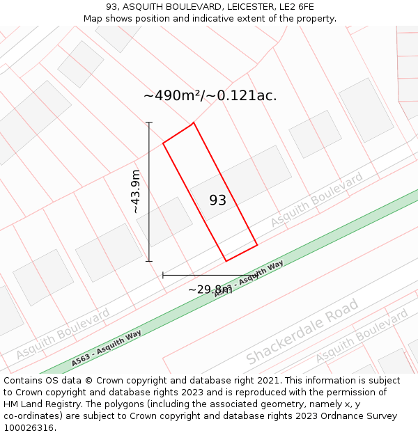 93, ASQUITH BOULEVARD, LEICESTER, LE2 6FE: Plot and title map