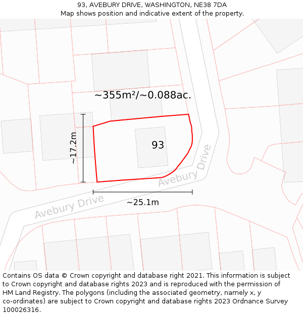 93, AVEBURY DRIVE, WASHINGTON, NE38 7DA: Plot and title map