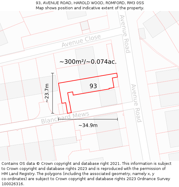 93, AVENUE ROAD, HAROLD WOOD, ROMFORD, RM3 0SS: Plot and title map
