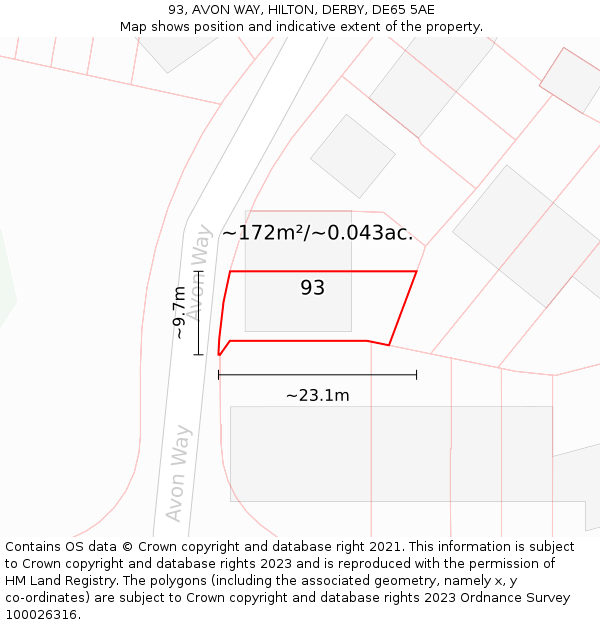93, AVON WAY, HILTON, DERBY, DE65 5AE: Plot and title map