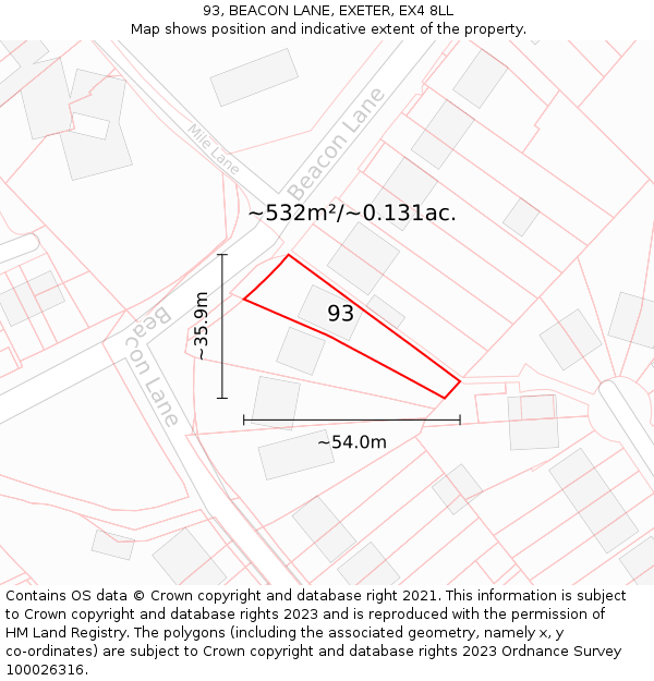 93, BEACON LANE, EXETER, EX4 8LL: Plot and title map