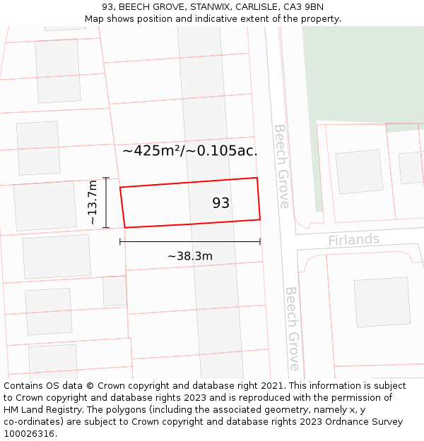93, BEECH GROVE, STANWIX, CARLISLE, CA3 9BN: Plot and title map