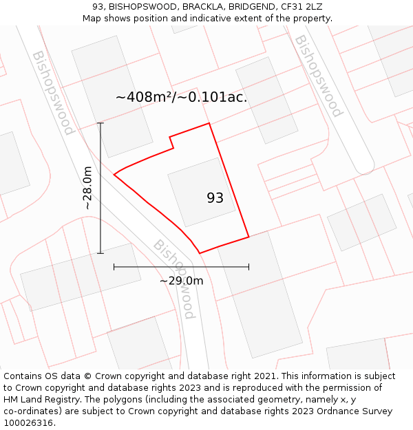 93, BISHOPSWOOD, BRACKLA, BRIDGEND, CF31 2LZ: Plot and title map