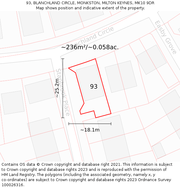 93, BLANCHLAND CIRCLE, MONKSTON, MILTON KEYNES, MK10 9DR: Plot and title map