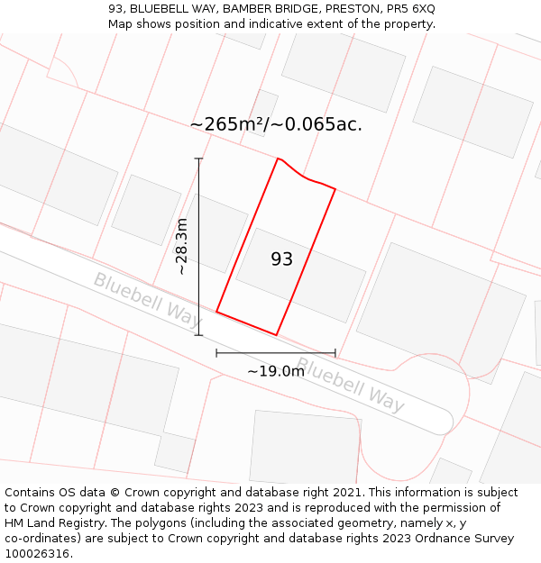 93, BLUEBELL WAY, BAMBER BRIDGE, PRESTON, PR5 6XQ: Plot and title map