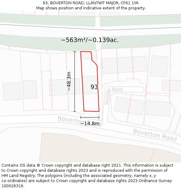 93, BOVERTON ROAD, LLANTWIT MAJOR, CF61 1YA: Plot and title map