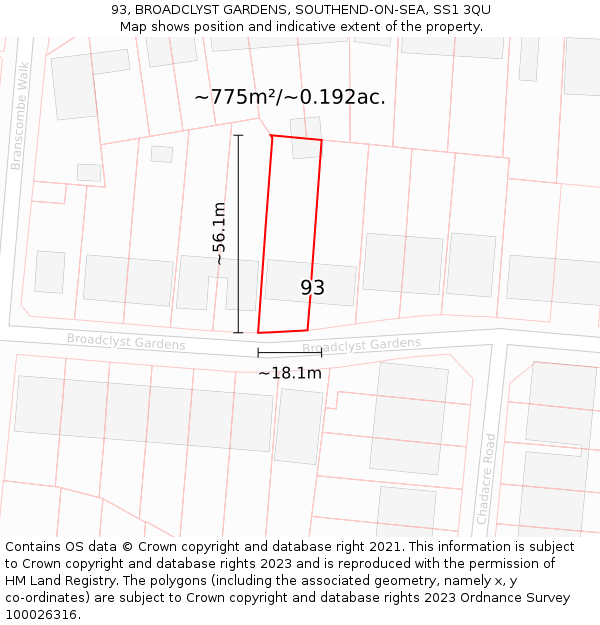93, BROADCLYST GARDENS, SOUTHEND-ON-SEA, SS1 3QU: Plot and title map
