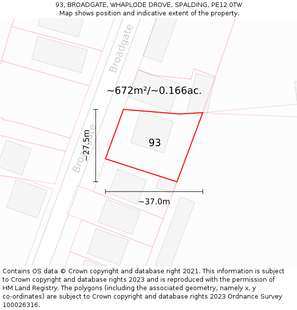 93, BROADGATE, WHAPLODE DROVE, SPALDING, PE12 0TW: Plot and title map