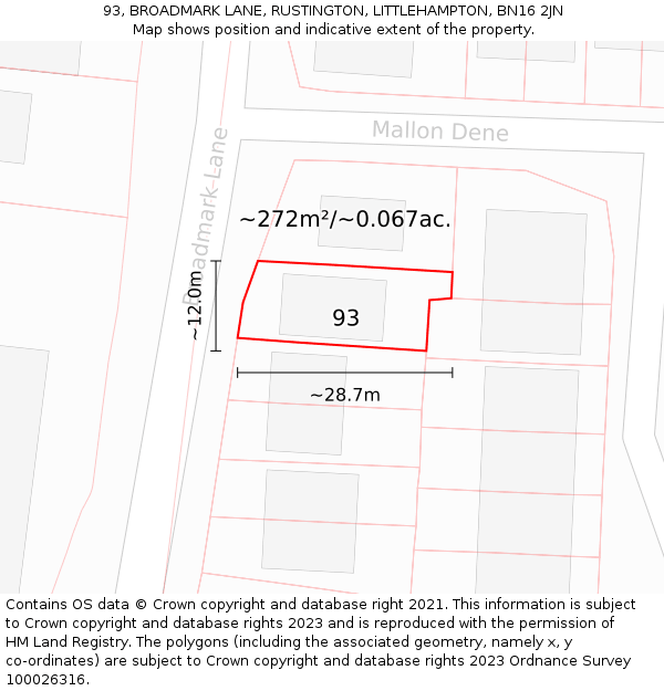 93, BROADMARK LANE, RUSTINGTON, LITTLEHAMPTON, BN16 2JN: Plot and title map