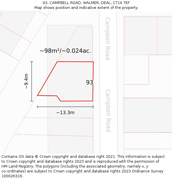 93, CAMPBELL ROAD, WALMER, DEAL, CT14 7EF: Plot and title map