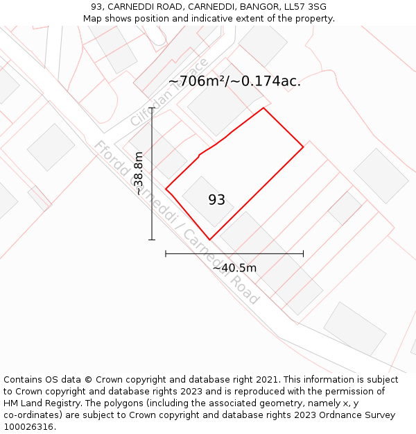 93, CARNEDDI ROAD, CARNEDDI, BANGOR, LL57 3SG: Plot and title map