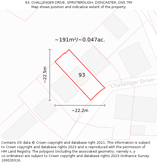 93, CHALLENGER DRIVE, SPROTBROUGH, DONCASTER, DN5 7RY: Plot and title map