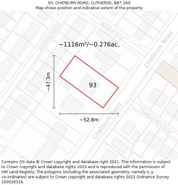 93, CHATBURN ROAD, CLITHEROE, BB7 2AS: Plot and title map
