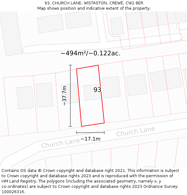 93, CHURCH LANE, WISTASTON, CREWE, CW2 8ER: Plot and title map