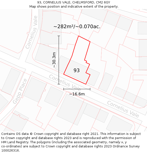 93, CORNELIUS VALE, CHELMSFORD, CM2 6GY: Plot and title map