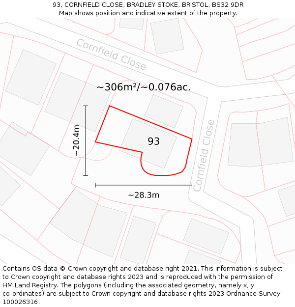 93, CORNFIELD CLOSE, BRADLEY STOKE, BRISTOL, BS32 9DR: Plot and title map