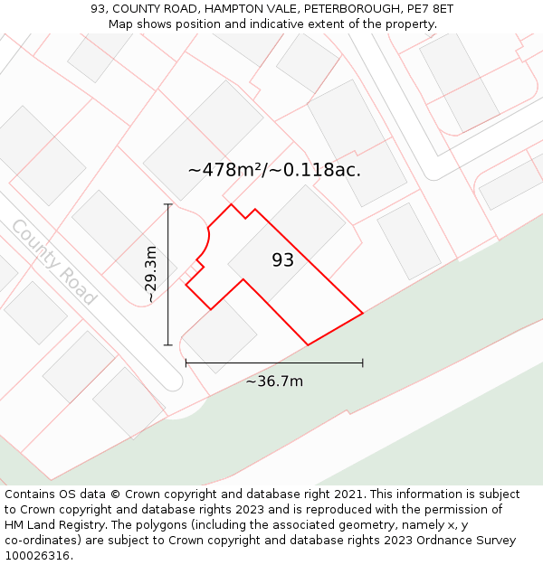 93, COUNTY ROAD, HAMPTON VALE, PETERBOROUGH, PE7 8ET: Plot and title map