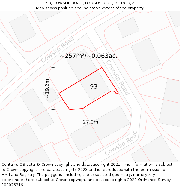 93, COWSLIP ROAD, BROADSTONE, BH18 9QZ: Plot and title map