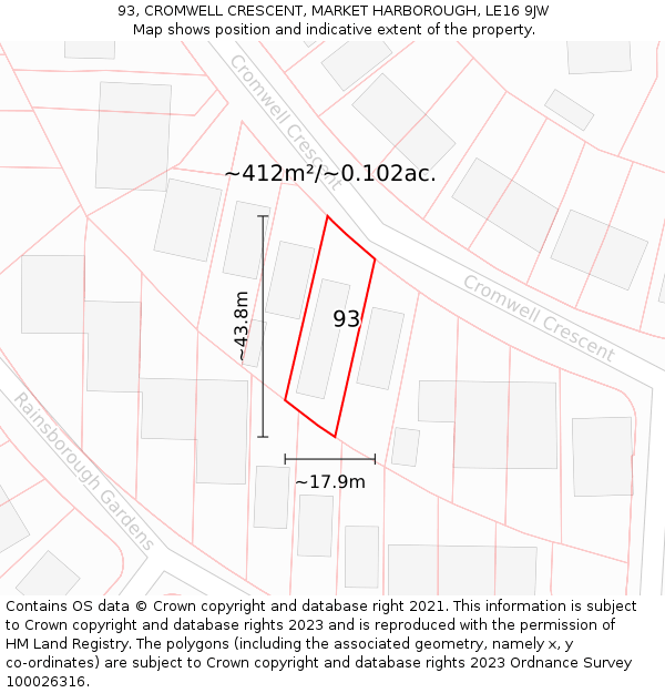 93, CROMWELL CRESCENT, MARKET HARBOROUGH, LE16 9JW: Plot and title map