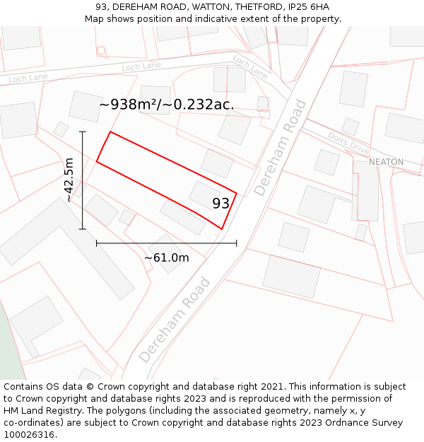 93, DEREHAM ROAD, WATTON, THETFORD, IP25 6HA: Plot and title map