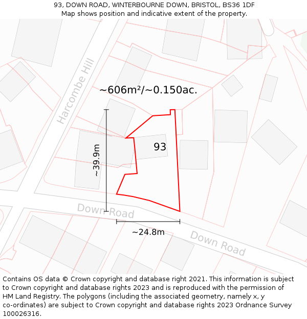 93, DOWN ROAD, WINTERBOURNE DOWN, BRISTOL, BS36 1DF: Plot and title map