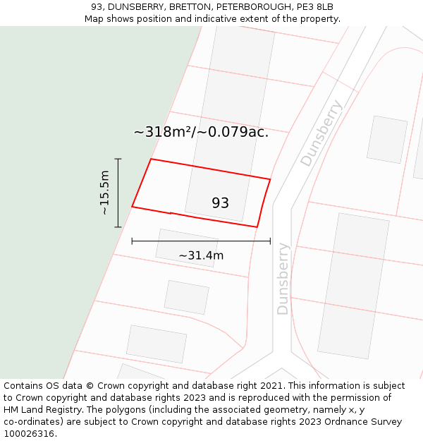 93, DUNSBERRY, BRETTON, PETERBOROUGH, PE3 8LB: Plot and title map