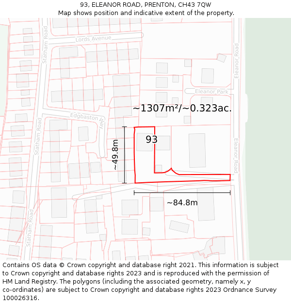 93, ELEANOR ROAD, PRENTON, CH43 7QW: Plot and title map