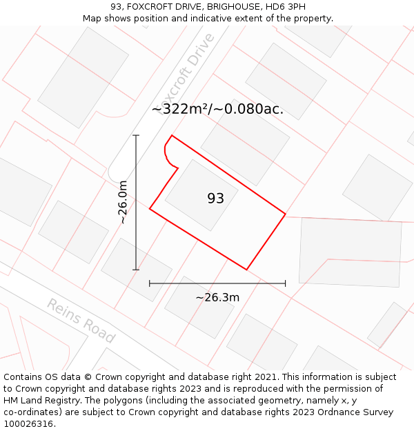 93, FOXCROFT DRIVE, BRIGHOUSE, HD6 3PH: Plot and title map