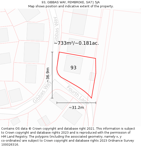 93, GIBBAS WAY, PEMBROKE, SA71 5JA: Plot and title map