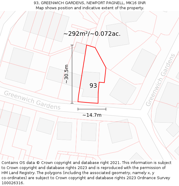 93, GREENWICH GARDENS, NEWPORT PAGNELL, MK16 0NR: Plot and title map