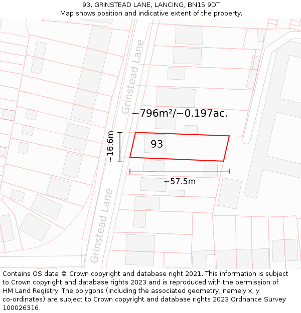 93, GRINSTEAD LANE, LANCING, BN15 9DT: Plot and title map