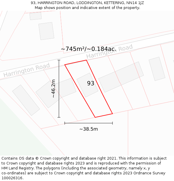 93, HARRINGTON ROAD, LODDINGTON, KETTERING, NN14 1JZ: Plot and title map