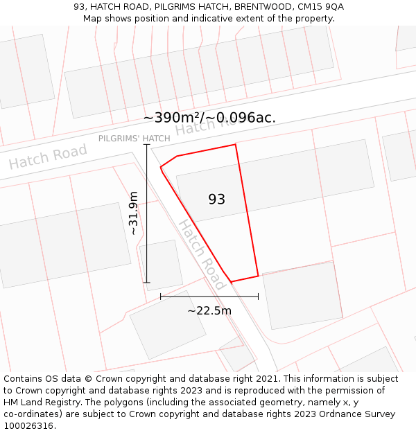 93, HATCH ROAD, PILGRIMS HATCH, BRENTWOOD, CM15 9QA: Plot and title map