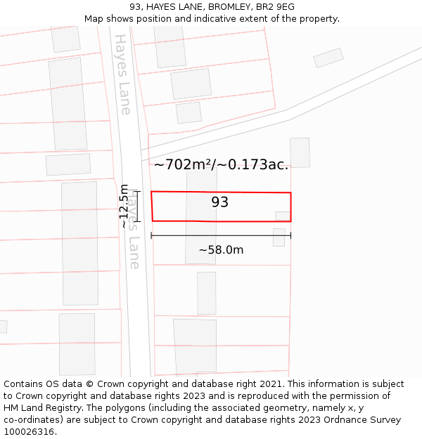 93, HAYES LANE, BROMLEY, BR2 9EG: Plot and title map