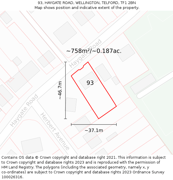 93, HAYGATE ROAD, WELLINGTON, TELFORD, TF1 2BN: Plot and title map
